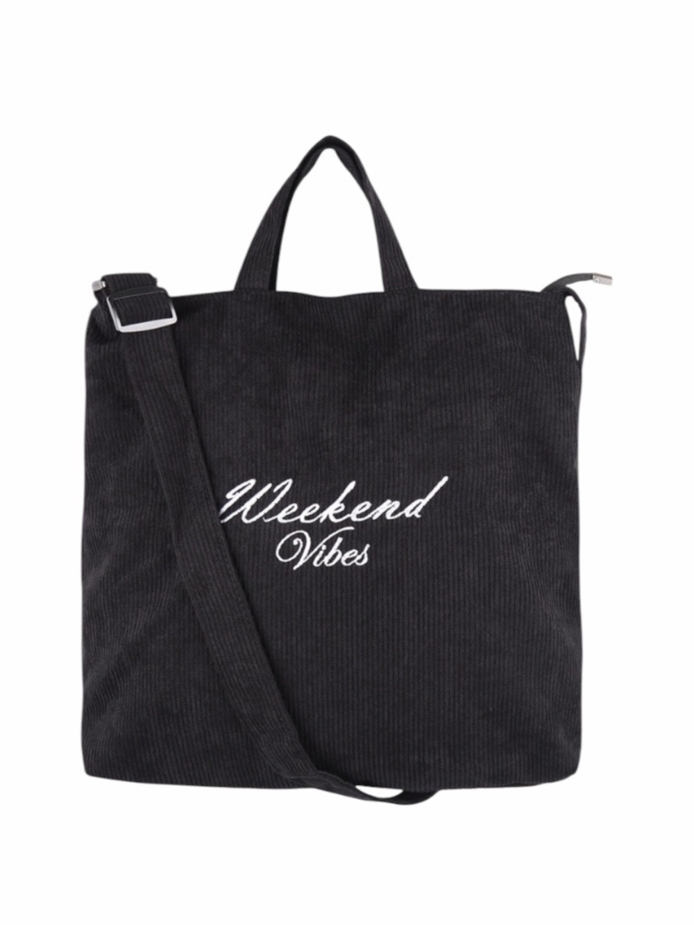 Corduroy Black Crossbody/Messenger Bag With “Weekend Vibes” Embroidered On Front